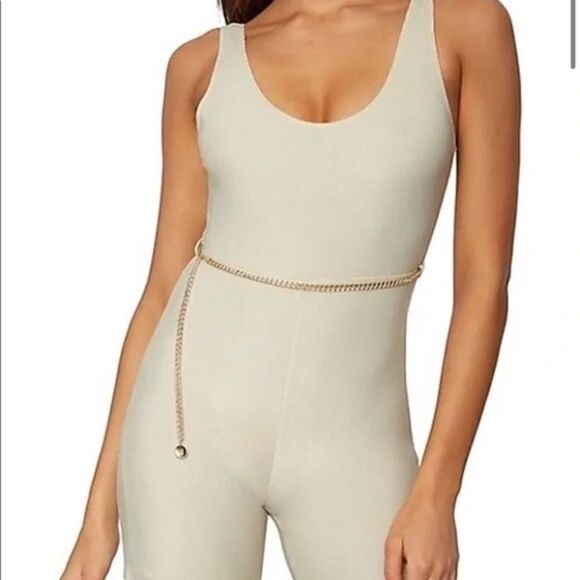 Revolve WeWoreWhat Beige Chain Romper Unitard Belted Ribbed Khaki Bodysuit - Picture 5 of 12